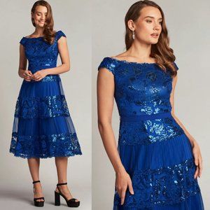 NWT TADASHI SHOJI CHARLOTTE SEQUIN EMBROIDERED TEA-LENGTH DRESS Mystic Blue